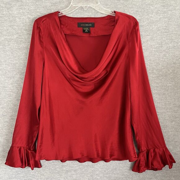 Harris Wallace Red Silk Top Size L Cowl Neck Flared Ruffled Sleeves Witchy Vamp - Picture 5 of 13